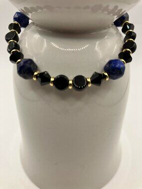 6mm Faceted Lapis Lazuli Beads with Black Swarovski Crystals Bracelet 6.5 in NEW